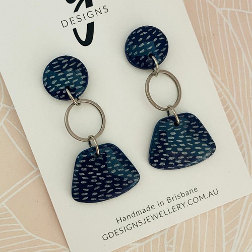 Statement Earrings - Clay - Handmade - NAVY CLASSICS - Navy Silver Gold - Res... - Picture 4 of 13