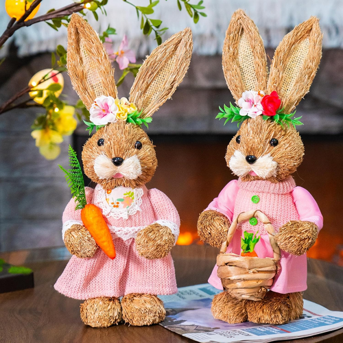 2Pack Easter Bunny Decorations Indoor, 14 Inch Straw Standing Bunny with Carrot - Picture 6 of 12
