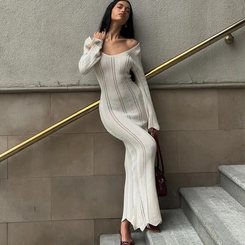 Elegant Knit Dress Women Slim V Neck Sexy Hollow Out Vestidos Female - Picture 12 of 25
