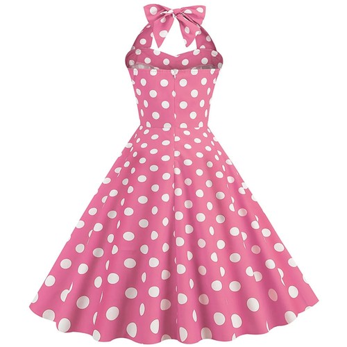 Women's Vintage Halter Sexy Dot Print Cocktail Dress Straps Dinner Formal Dress - Picture 6 of 30