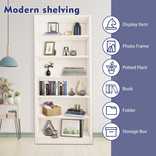 71" Tall Adjustable 6-Shelf Wood Bookcase Storage Shelving Book Wide Bookshelf - Picture 4 of 14