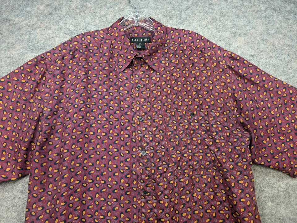 Camisa Oleg Cassini Para Hombre Grande Borgoña Beige Estampada Seda Abotonada Campamento Foto 3 de 4