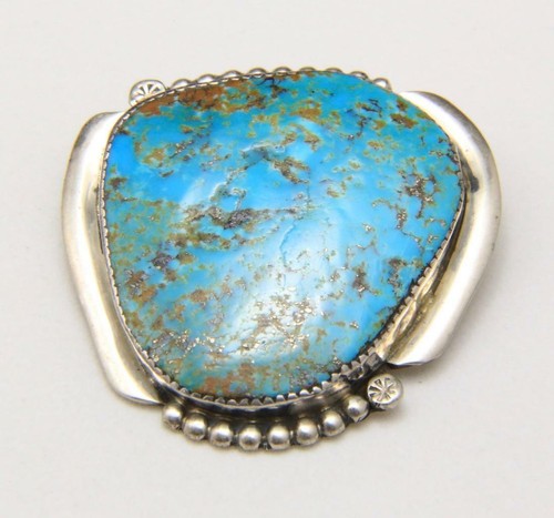 Vintage Large Turquoise Stone Sterling Silver Brooch Signed BE Zuni Southwestern - Picture 5 of 5