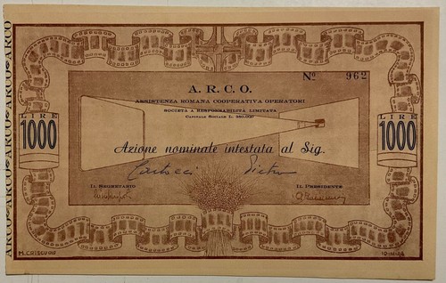 SCRIPOFILIA ASSISTENZA ROMANA COOPERATIVA OPERATORI A.R.C.O. AZIONE LIRE 1000 - Picture 5 of 6