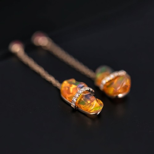 Ribbon Wrapped Mexican Fire Opal Ruby Diamond Drop Earrings 18K Yellow Gold - Picture 1 of 10
