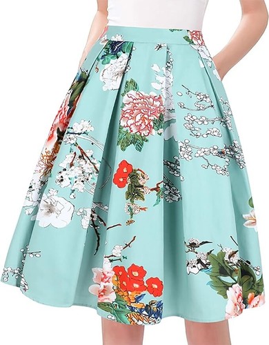Women's A-line Printed Pleated Flared Midi Skirt with Pockets, Vintage Skirts - Picture 20 of 105