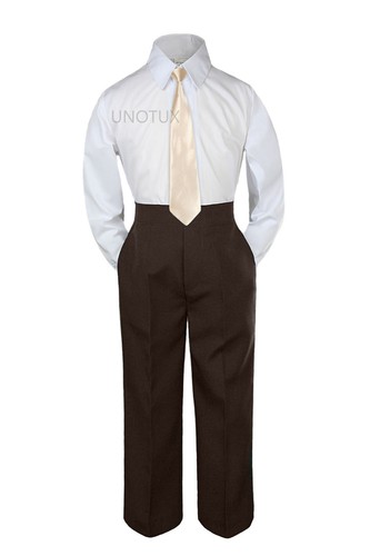Baby Toddler Kid Boys Wedding Formal 3pc Set White Shirt BROWN PANTS Necktie S-7 - Picture 5 of 26