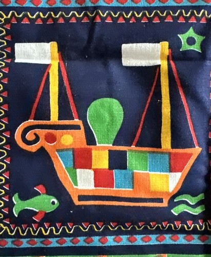 Vtg Cotton Collage Fabric W45”xL2.4Yds Boat Peacocks Ducks Cows Fish Geometric - Picture 3 of 14