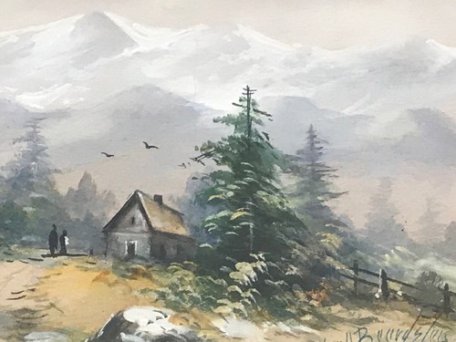 Vintage Watercolor Painting Landscape Mountain Cottage Alpine Scene Artist Sign - Picture 5 of 8