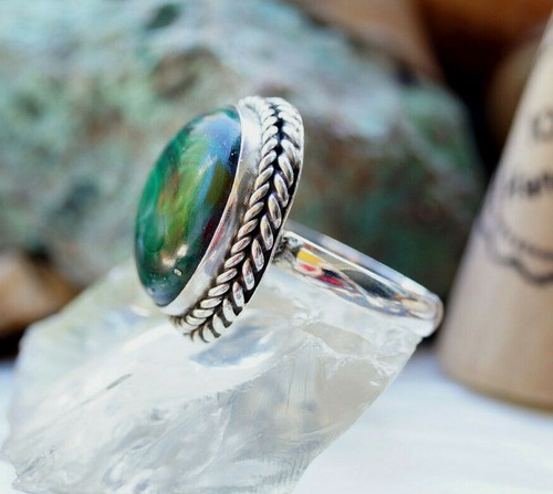 Vintage Design Verspielt 925er Silber Ring 63 Malachit Grün Stein Kordel Muster - Bild 5 von 10