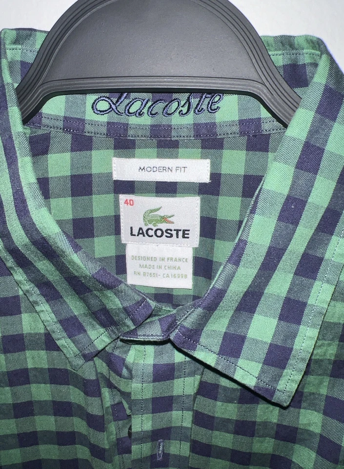 Camisa Lacoste Para Hombre Mediana Calce Clásico Verde A Cuadros Bolsillo Con Botones Manga Larga Foto 4 de 4
