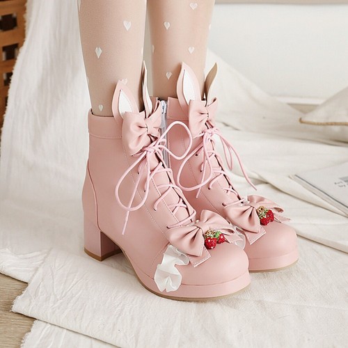 Lady Japanese Style Lolita Boots Sweet Bow Block Low Heel Ankle Bootie Plus Size - Picture 1 of 27
