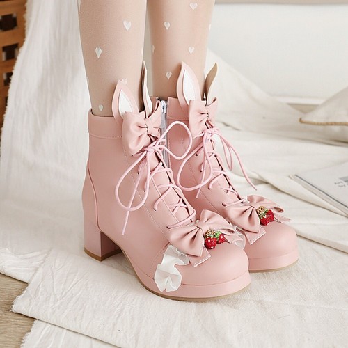 Damskie japońskie buty Lolita Sweet Bow Block Niski obcas Botki Plus Size - Zdjęcie 1 z 19