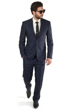 Slim Fit Trim Navy Blue Men's Tuxedo Suit 2 Button Flat Front Pants By AZAR MAN