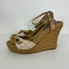 Burberry Light Pink Plaid with Snakeskin Leather Strap Rope Wedge Sandals