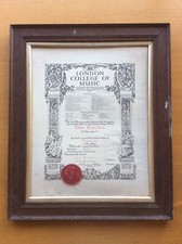 Antique 1930 London College of Music Piano Diploma, Vintage Wooden Picture Frame