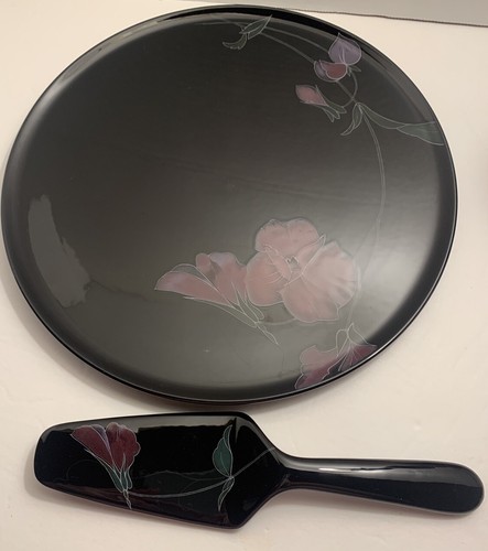 SALE MIKASA TANGO 12 1/4" CAKE PLATE PLATTER BLACK FLORAL With Server - Picture 9 of 23