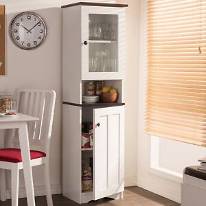 Details About White Kitchen Storage Cabinet Tall Pantry Cupboard Wood 2 Doors Glass Door Hutch