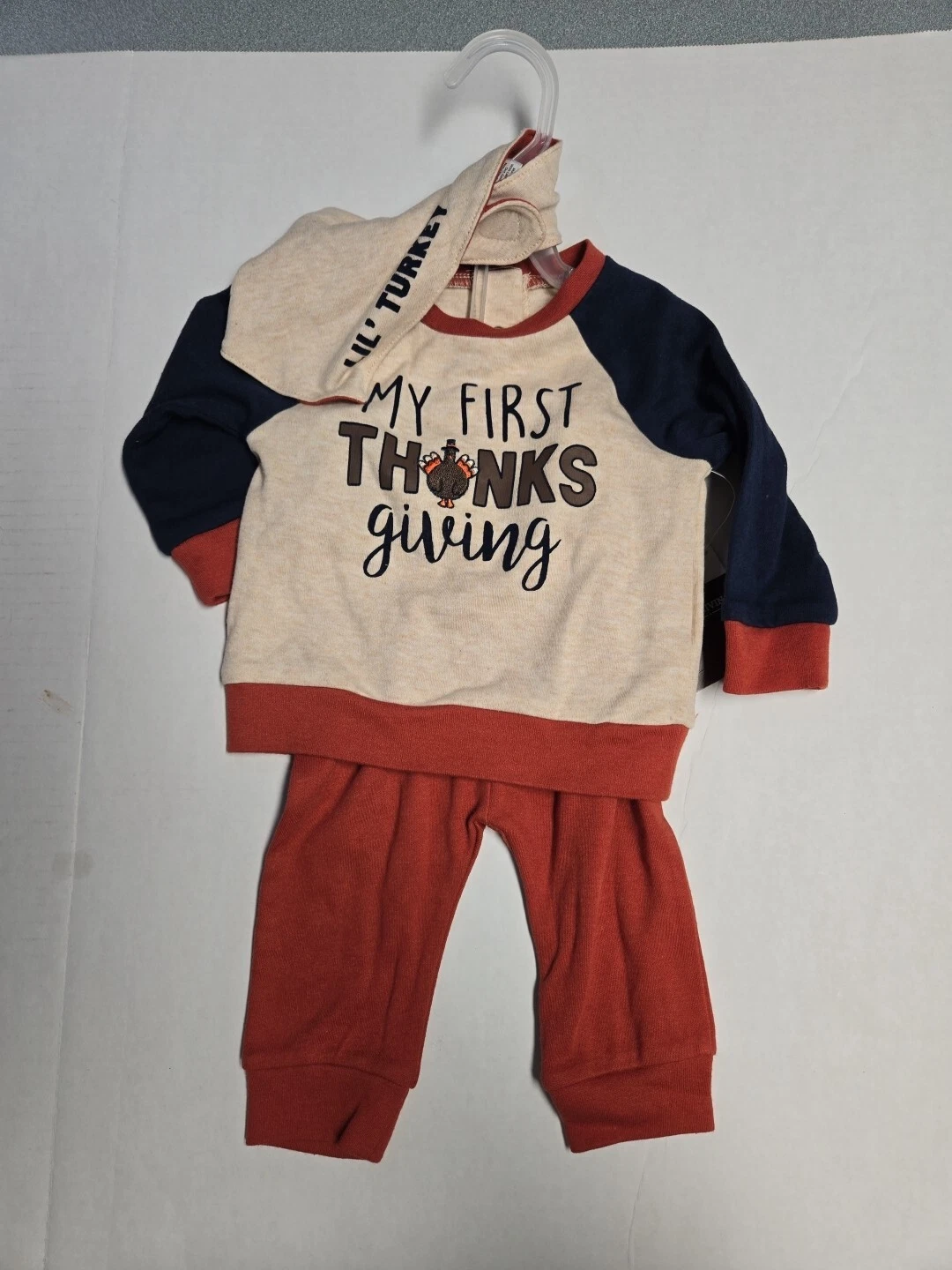 Infant My First Thanksgiving Outfit 3 Pieces Pants Top Bib Turkey Boy 3-6 Months