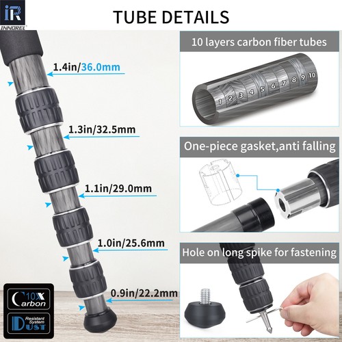 INNOREL Carbon Fiber Tripod KT365C Professional 36mm Tube Heavy Duty CameraStand - Picture 9 of 19
