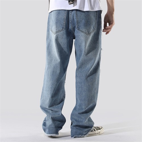 Men Denim Pants Splice Distressed Patchwork Wide Leg Ripped Hip Hop Loose - Picture 6 of 16