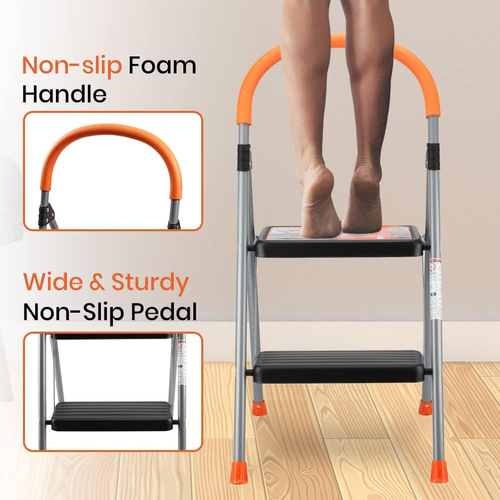 2 Step Ladder Folding Step Stool, 330Lbs Heavy-Duty Steel Ladder with Anti-Slip - Picture 2 of 7