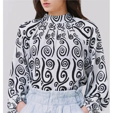 Rhode Harlow Abstract Print Longsleeve Crepe Top White XS Office Business Casual