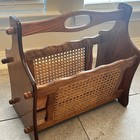 Vintage MCM Oak Wood & Woven Wicker Rattan Cane Magazine Book Record Rack Holder