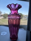 Fenton Art Glass Cranberry Fluted Ruffled Vase Mid Century Column Flute Arch