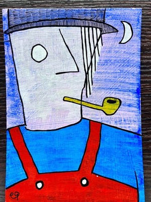 e9Art 5x7 'pipe, moon, and endless acres of unplowed land' outsider art folk raw