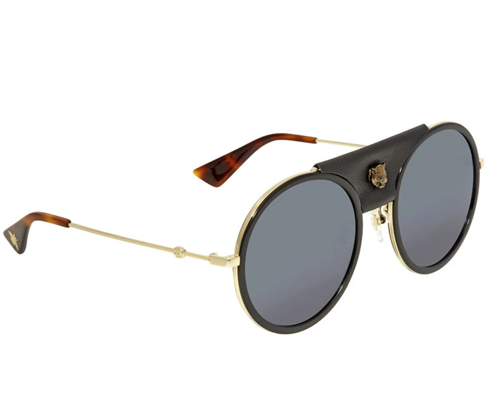GAFAS DE SOL GUCCI GG0061S 016 MARCO REDONDO CUERO AVIADOR CABEZA DE TIGRE $650 UNISEX Foto 2 de 4