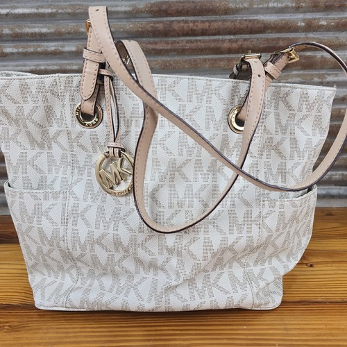Michael Kors Jet Set Medium East West Signature Monogram Tote Bag Purse Cream - Bild 2 von 19