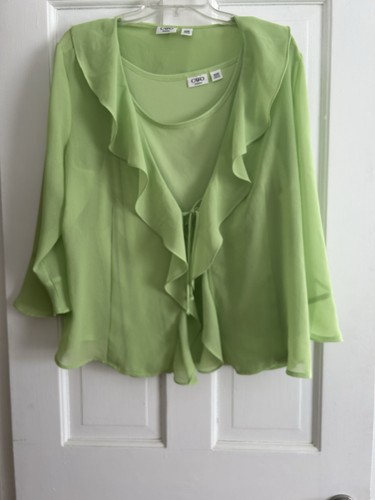 Cato Woman Two Piece Top 22/24 Sheer Ruffle Tie Front Attached Tank Lime Green - Picture 3 of 7