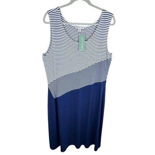 Vestido sin mangas Coldwater Creek nuevo con etiquetas azul marino blanco a rayas cuello redondo elástico midi PXL - Imagen 1 de 6
