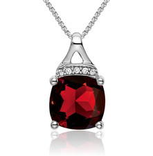14K Solid White Gold Cushion-Cut Garnet Diamond Necklace