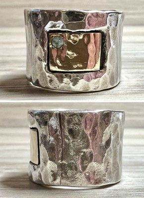 Designer IL gehämmerter Sterlingsilber & Gold breiter Band Aquamarin Ring, Größe 6