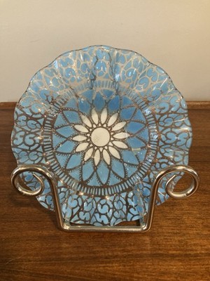 Sydenstricker Embassy Sky Blue Fused Art Glass Ruffled Bowl Trinket Dish Signed