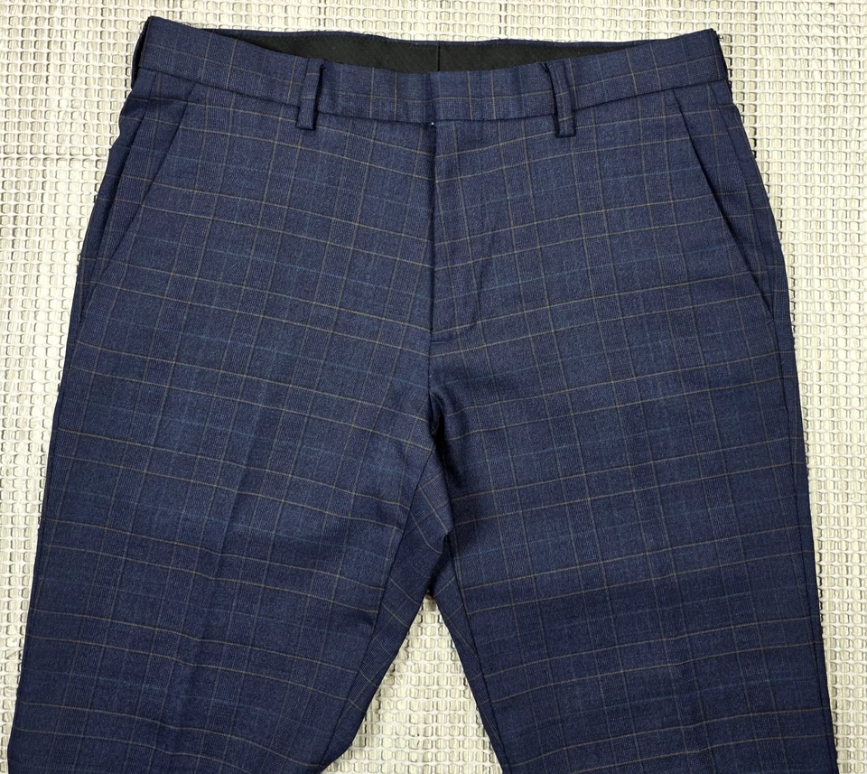 Pantalón de vestir J Crew Ludlow 30x32 para hombre calce ajustado elástico cuatro estaciones lana azul a cuadros Foto 3 de 4