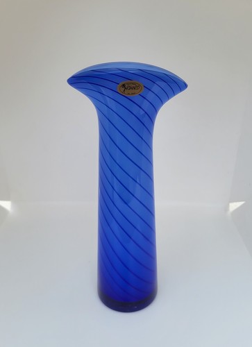 VINTAGE RIKARO CZECH BLUE ART GLASS TALL STRIPED VASE - Picture 1 of 9
