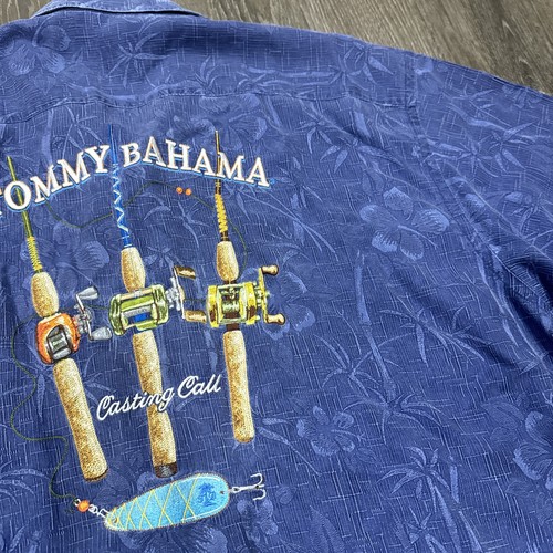 Tommy Bahama Shirt Mens 2XL Blue Silk Floral Casting Call Fishing Embroidered - Picture 15 of 16