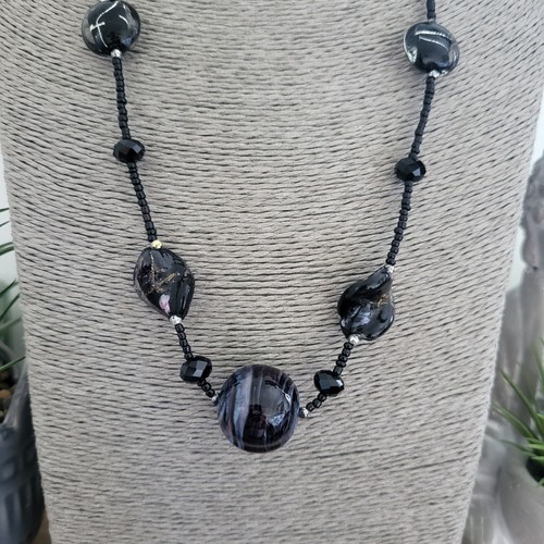 Beaded Necklace Black Navy Blue Glass Beads Jewellery - Picture 2 of 6