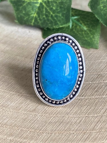 Natural Turquoise Ring Size S Sterling Silver 925 Plated Oval Boho Retro Ethnic - Picture 2 of 4