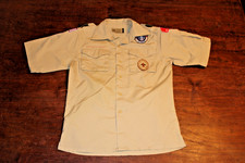 Boy Scouts of America BSA Youth Shirt Tan Large Sewn Patches Short Sleeve