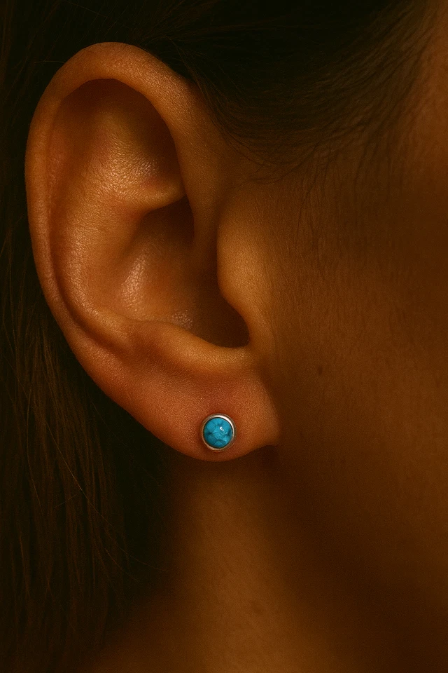 Small Round Blue TURQUOISE  Sterling  Silver  925 Gemstone Stud Earrings - 4 mm - Image 2 of 4