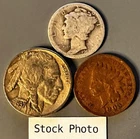 [3 COIN LOT] 90% SILVER MERCURY DIME, BUFFALO & INDIAN CENT (Ships via ESUS)
