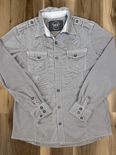 Buckle BKE Men’s Medium M Standard Fit Long Sleeve Button Up Shirt Gray Stripes - Picture 2 of 8