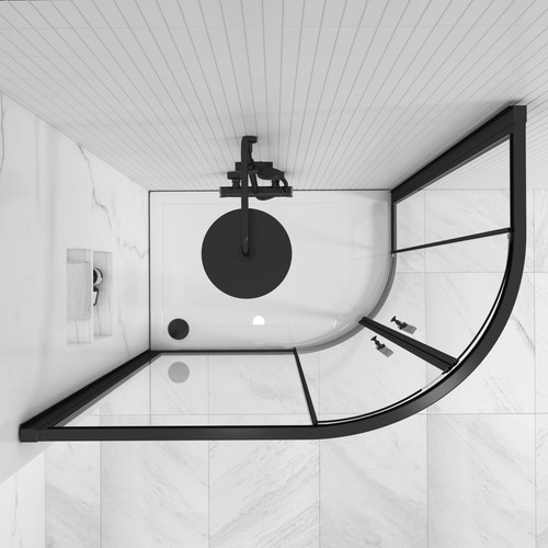 Matt Black Offset Quadrant Shower Enclosure Walk in Cubicle Sliding Glass Door - Picture 7 of 31