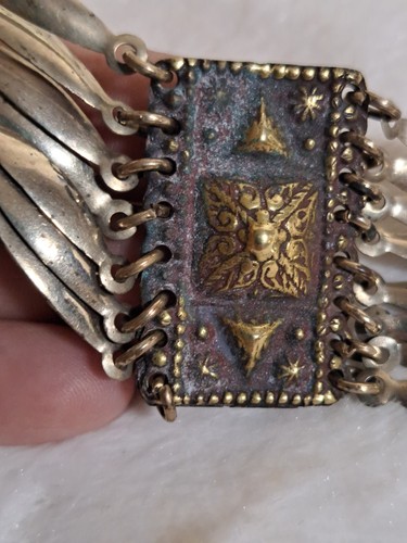 Vintage Mexican Alpaca Bracelet Panel Link Gold Tone Floral Patina Hecho Mexico - Picture 2 of 13