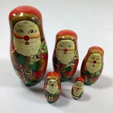 Vintage Santa Nesting Doll Set Wood Hand Painted 5 Piece