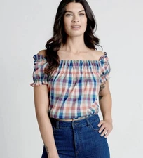 ModCloth Smocked Crop Top Summer Madras Size L Plaid Square Neck Puff Sleeve